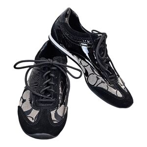Coach Kodie Patent Leather Signature Lace Up Sneakers Sz 6 Black Luxury Comfort